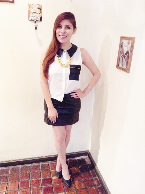 faux-leather-mini-skirt-black-and-white-shirt
