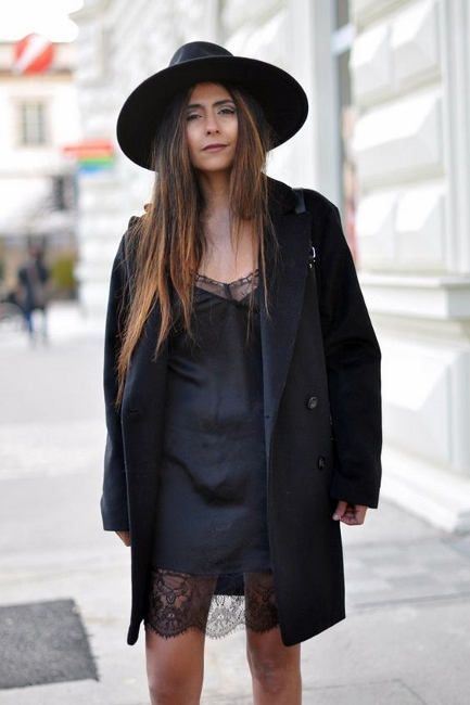 daytime6 - black slip dress with lace details boyfriend blazer and wide trimmed hat fashion blogger streetstyle how to wear a slip dress srping summer 2016 trend