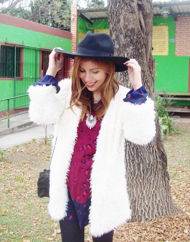 white faux fur coat newchic a line printed dress black tights fringed ankle booties happiness boutique necklace zaful wide trim fedora hat streetstyle deborah ferrero style by deb fall trends07
