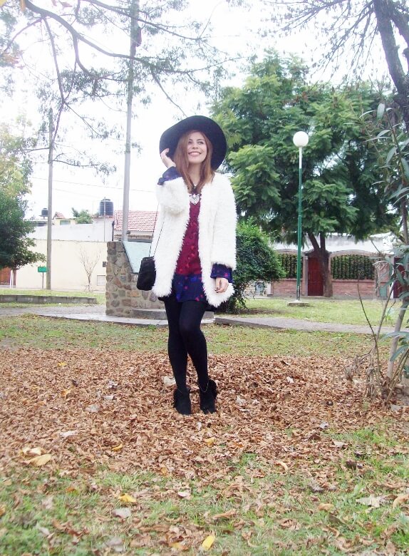 white faux fur coat newchic a line printed dress black tights fringed ankle booties happiness boutique necklace zaful wide trim fedora hat streetstyle deborah ferrero style by deb fall trends08